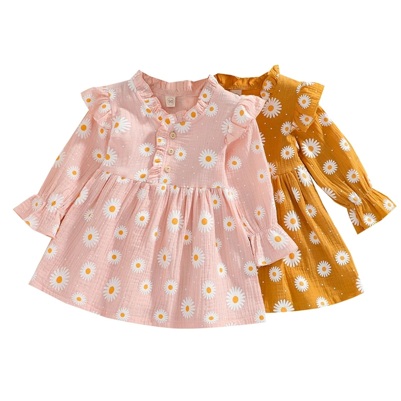 

Детская одежда, Повседневное платье с длинным рукавом для маленьких девочек, милое платье-трапеция с круглым вырезом и принтом Маргариток и...