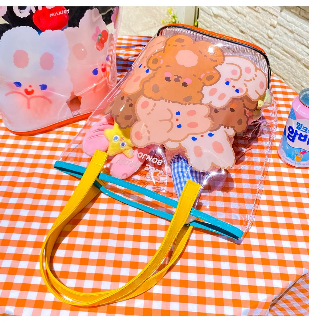 

Cartoon Bear Rabbit Transperant Shoulder Bag Girls Travel Handbag Wash Bags Large Capacity Jelly Beach Mesh Bag Shopper Bag