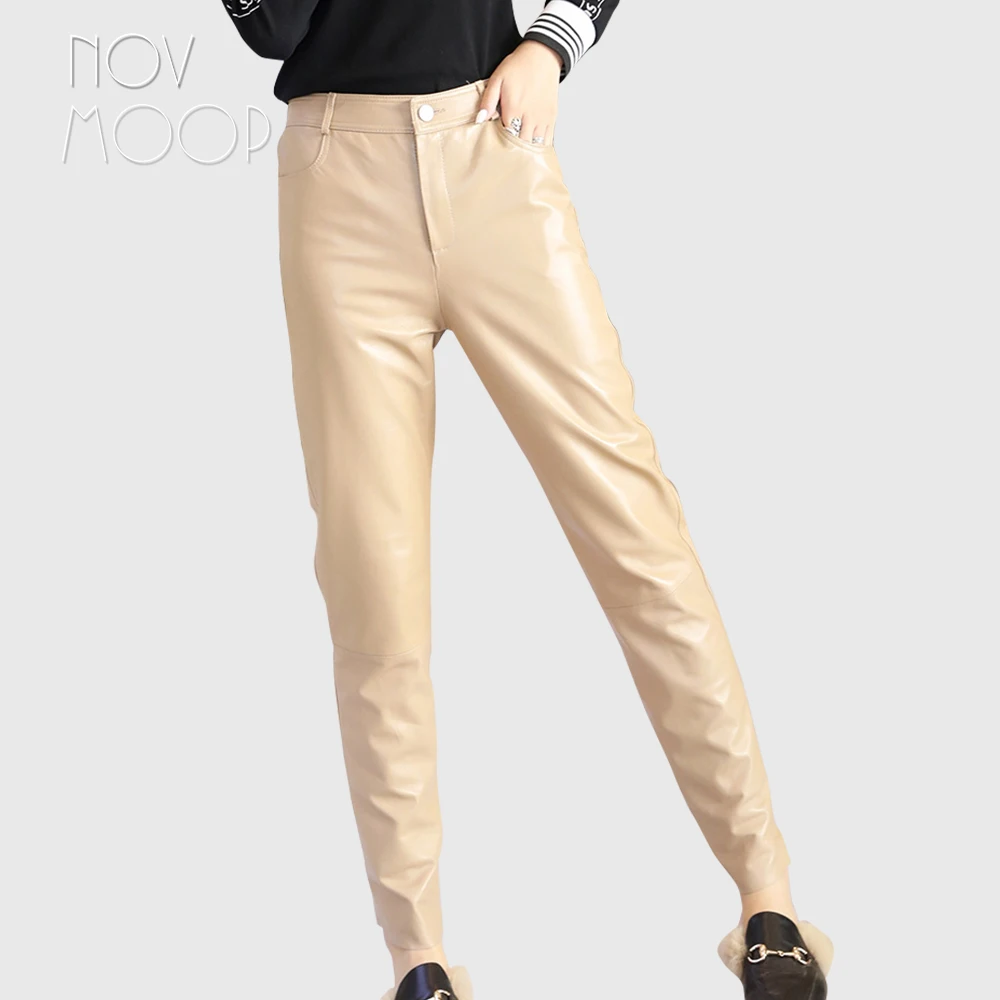 Novmoop Офисная Леди Повседневный стиль Абрикосовый Цвет Высокая талия Овчина