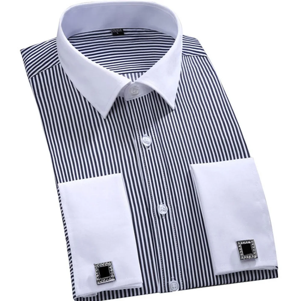 Mens Dress Shirts Loose Tuxedo French Cuff Regular Fit Luxury Striped Business Long Sleeve Cufflinks Social Pluse Size 6XL