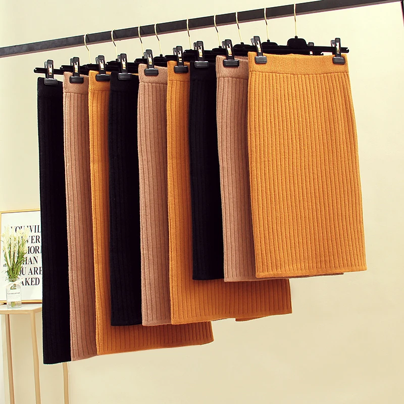 Женская вязаная юбка-карандаш элегантная теплая юбка в рубчик с высокой талией