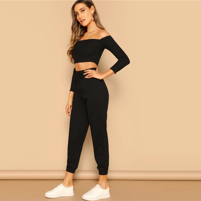 SHEIN Модный Топ С Открытыми Плечами И Спортивные Брюки Женский Спортивный Костюм