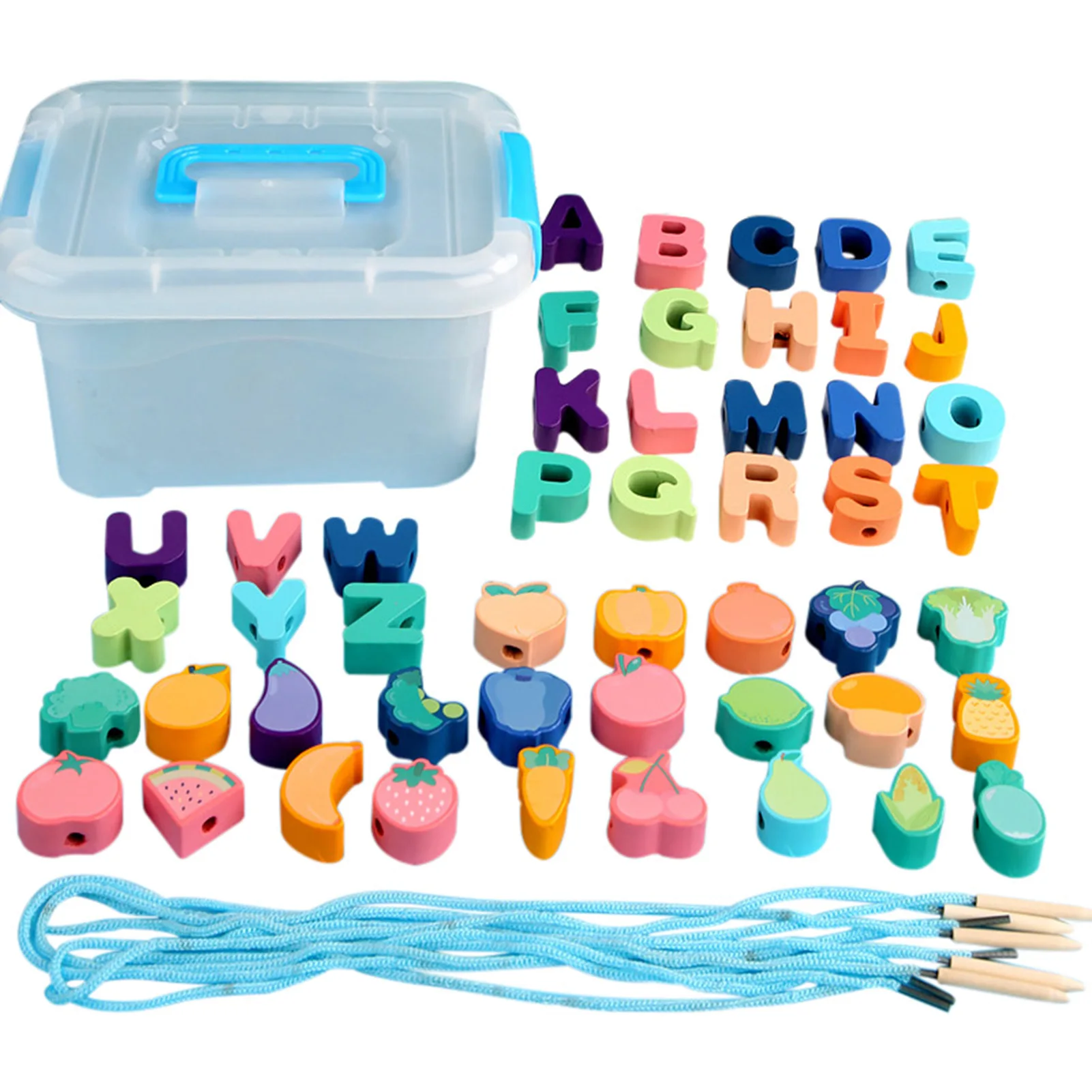 

49Pcs Blocks Cartoon Fruit Block Wooden Toys With 5ropes Stringing Threading Beads Game Educational Toy For Baby Kids Children