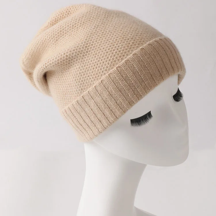 Beige Вязаные кашемировые шапки-бини от CAVME, унисекс, повседневная шапка, зимние теплые шапки из чистого кашемира, одноцветные зимние подарки, 60 г, свободный размер - Цвет: Beige