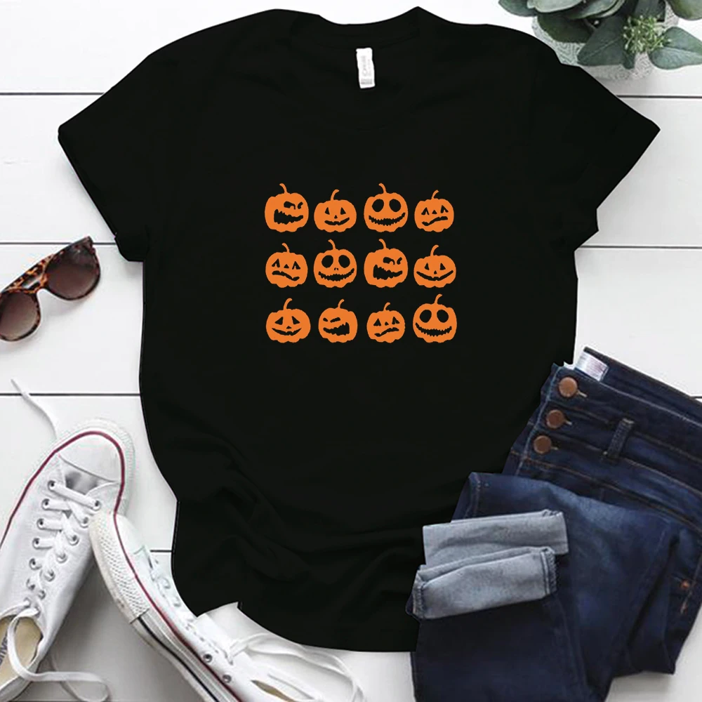 Pumpkin Printing Funny Tshirt Womens Harajuku Halloween Summer Female Casual O Collar Friends Tops Tee Kawaii | Женская одежда