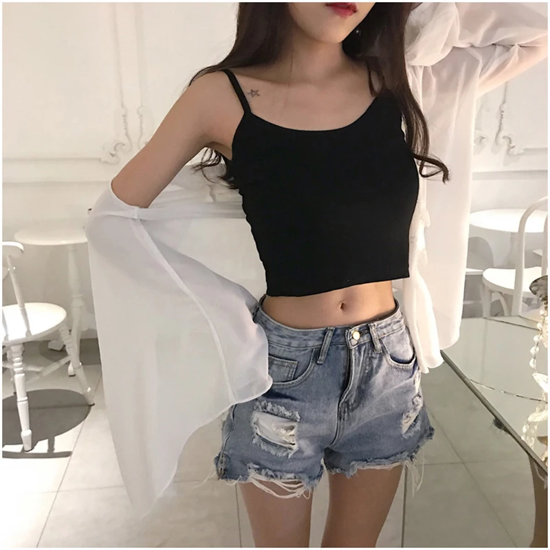 Женский укороченный топ на бретельках летний пикантный однотонный с открытой