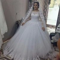 2022 classic white ivory tulle ball gown wedding dresses lace long sleeves bateau neck floor length spring autumn wedding gowns