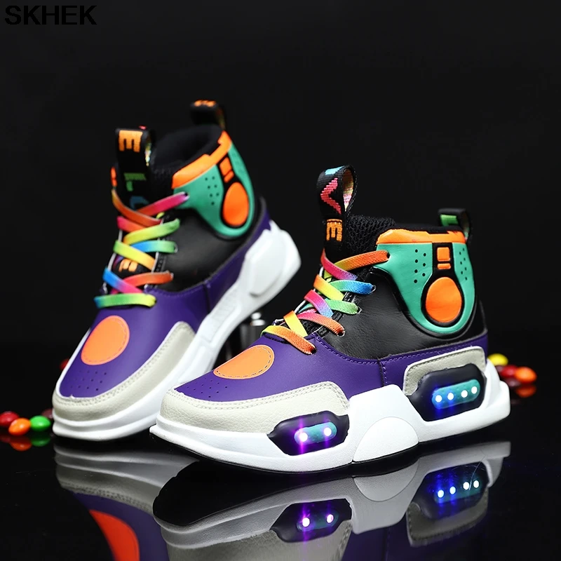 SKHEK 2021 Children USB Charge Colorful Led Back Light Shoes Mesh Girls Flash Luminous Sneakers Boys Glowing Kids | Детская одежда и