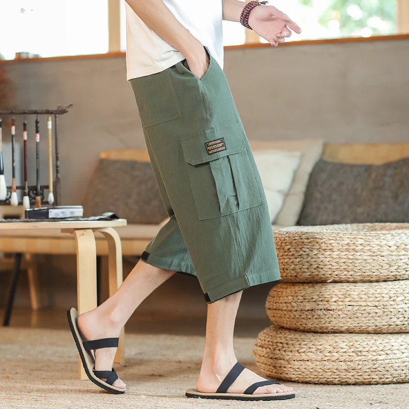 Мужские повседневные льняные шорты свободные рабочие в стиле милитари удобные