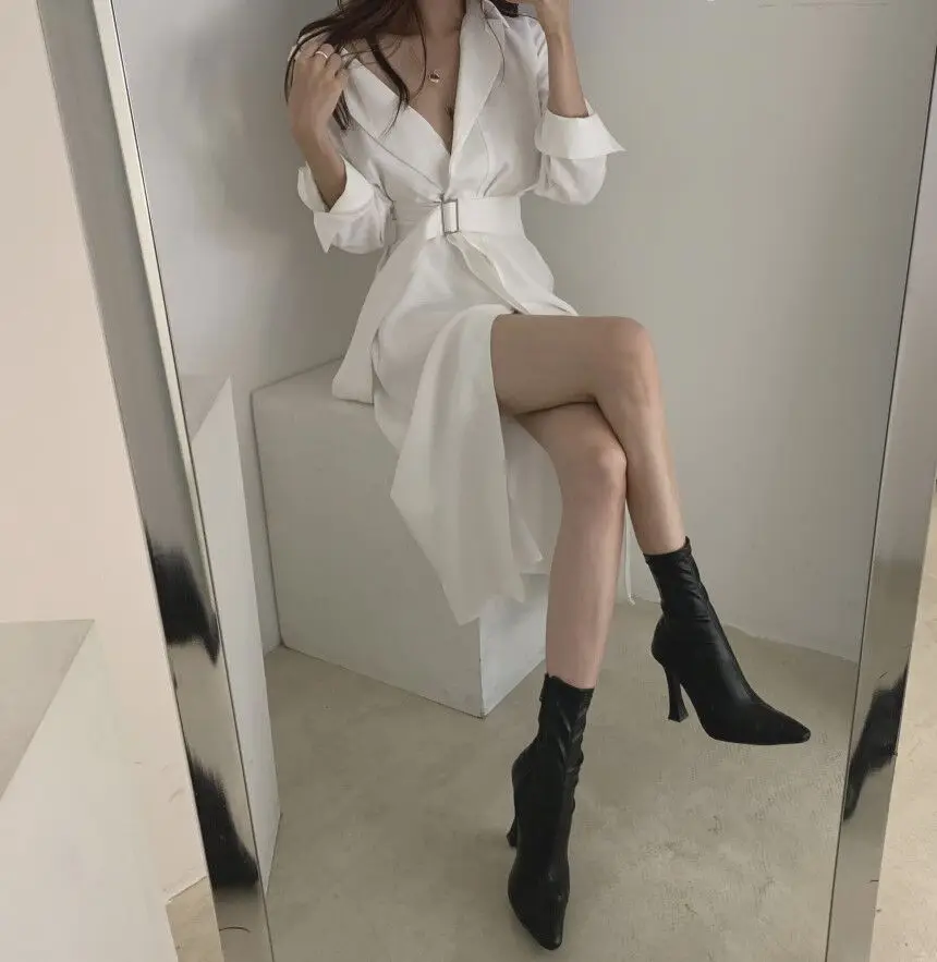 Женское осеннее элегантное однотонное облегающее длинное платье рубашка с v