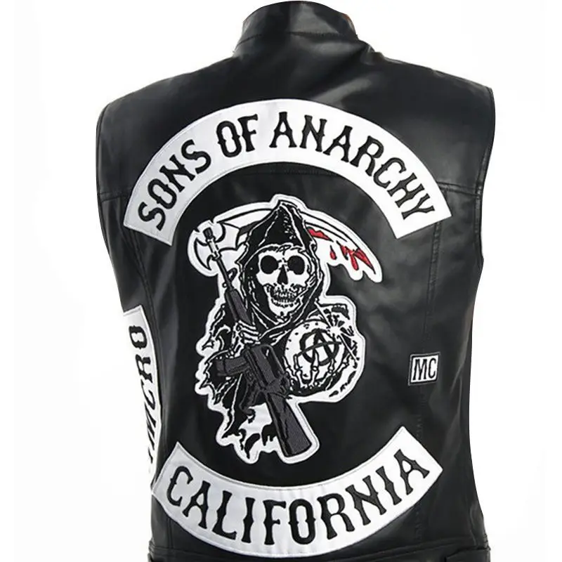 2020 new sons of anarchy embroidery leather rock punk vest cosplay costume black color motorcycle sleeveless vest jacket men free global shipping