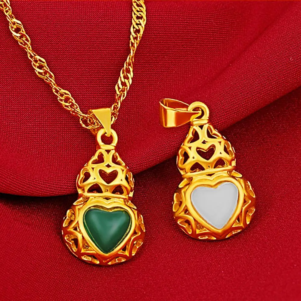 

Ancient Pharaoh Pendant White Jade original 18k gold jewelry Heart-Shaped Gourd Pendant Green Chalcedony Necklace 12*24MM