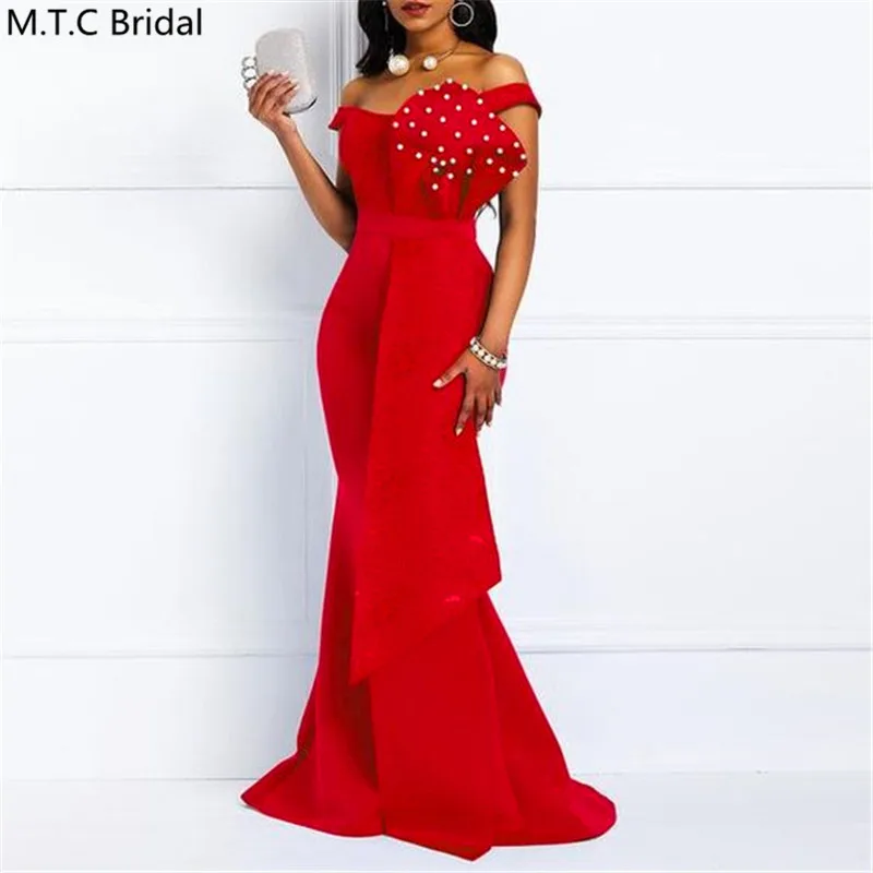 Длинное Красное платье-Русалка с открытыми плечами и жемчужинами | Свадьбы