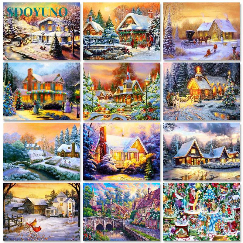 

SDOYUNO Christmas Gift Acrylic Paint By Numbers On Canvas Winter Scenery DIY Frameless 60x75cm Oil Painting By Numbers Home Deco