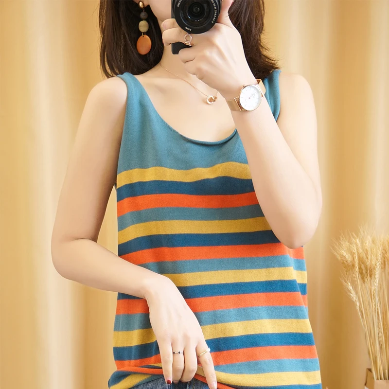 

SZDYQH Summer 100% Cotton Tank Top Base Wild Short Paragraph Loose Striped Vest Female Outerwear Women's Knit Pullover Tank Top