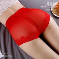 big red high waist sexy lace panties women seamless large size transparent hollow fashion printing briefs breathable new style