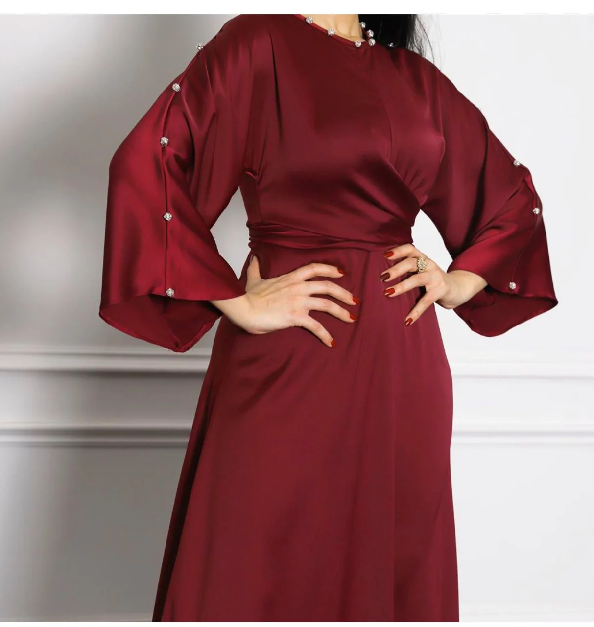 

High End Satin Solid Women Party Dresses Long Sleeves Crew Neck Beads Elegant Formal Dresses Ankle Length Real Photos Dubai