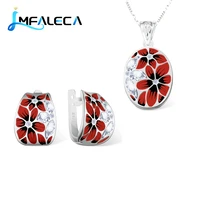 lmfaleca women silver necklace earrings sets bright red plum flower handmade enamel pendant chain with stone luxury fine jewelry