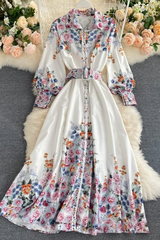 

High Quality Long Runway Dress Women 2020 Vintage Printed Buttons Long Sleeve Pleated Maxi Dress With Sashes