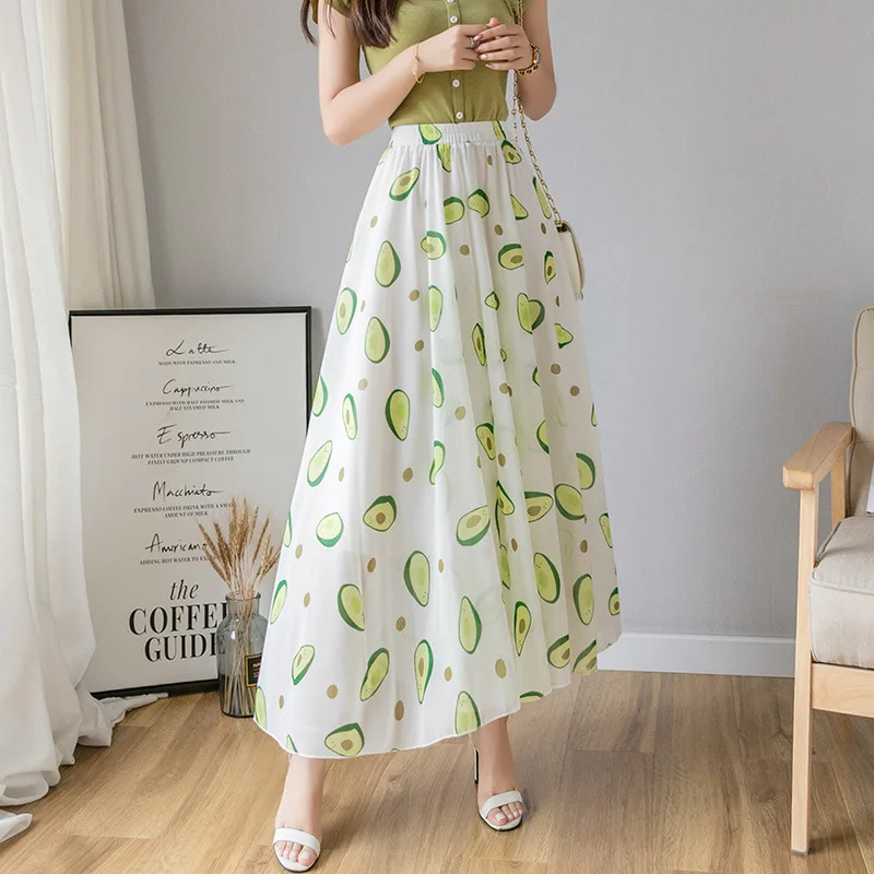 

2021 Summer New Elastic High Waist Thin Chiffon Floral Skirt Casual All-match Women Large A-line Long Skirt Tide Free Shipping