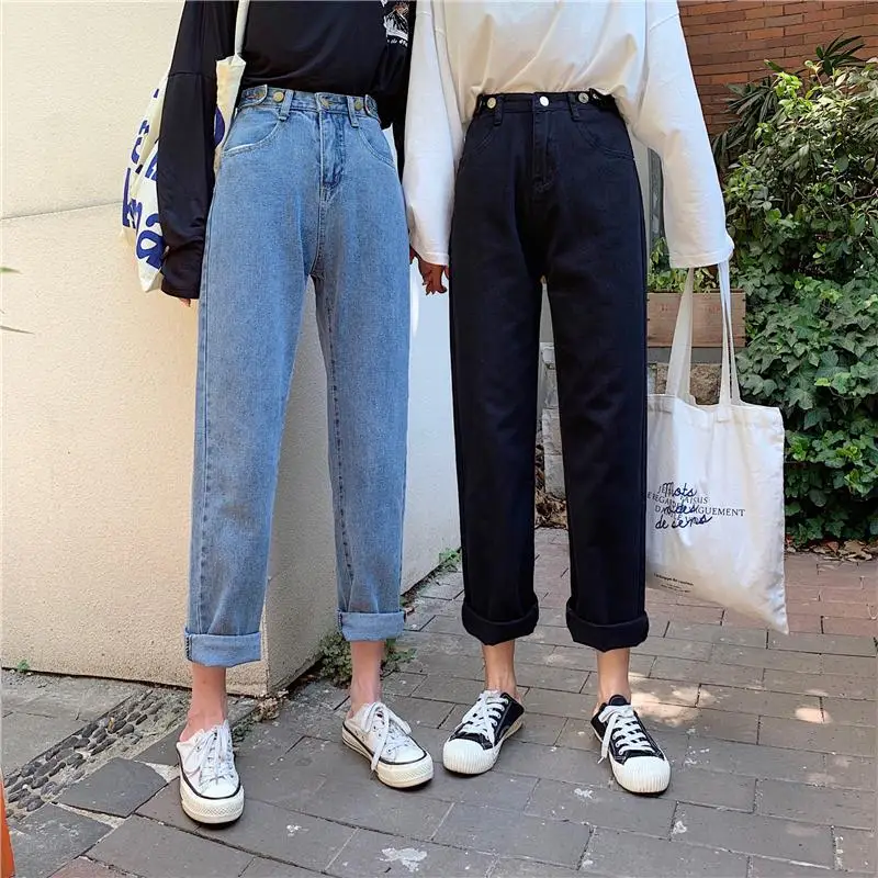 

Jeans Women High Quality Denim Long Trousers Streetwear Korean Style Harajuku Straight Students Adjustable Waist Womens Elegant