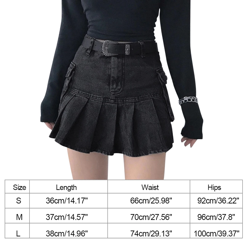 

Sexy Women Goth High Waist Jean Mini Skirts Y2K Aesthetics Denim Pleated Skirts with Big Pockets Punk Style E-girl Summer Outfit