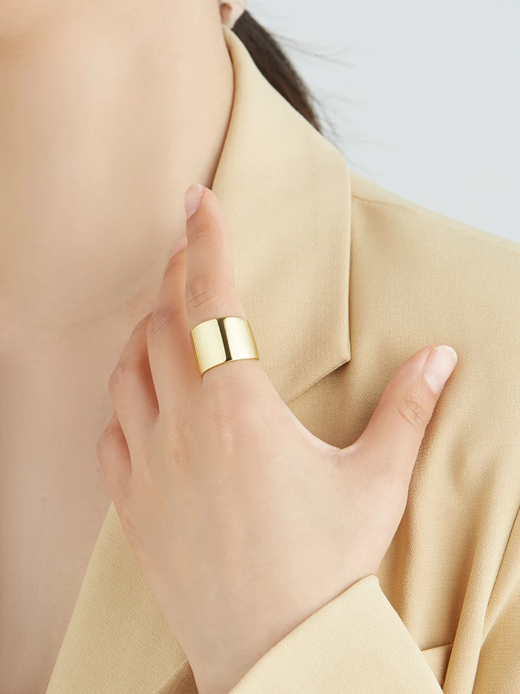 

LEKANI 925 Sterling Silver Minimalist Gold Color Finger Rings For Women Trendy Smooth Wide Open Adjustable Ring Silver Jewelry