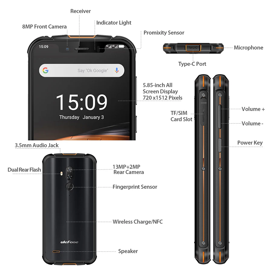 Ulefone Armor 5S 5 85 ''водонепроницаемый IP68 NFC прочный MT6763 Otca-core Android 9 0 4 Гб + 64