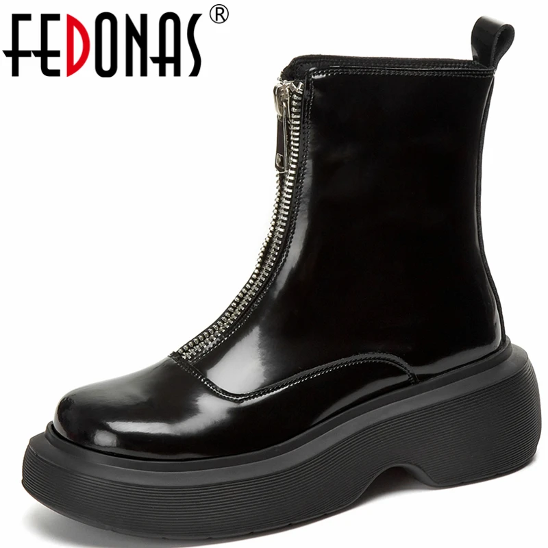 

FEDONAS 2021 New Women Ankle Boots Autumn Winter Round Toe Platforms Front Zipper Thick Heels Shoes Woman Fashion Casual Outdoor