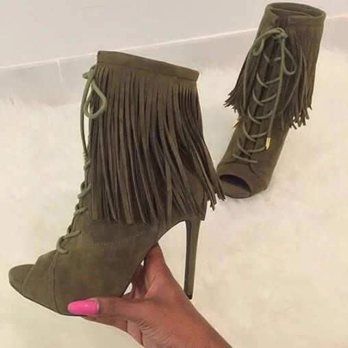 

Sexy Army Green Fringe Ankle Boots Women Peep Toe High Heel Dress Shoes Lace-up Gladiator Sandals Boots Plus Size 10 Customzed
