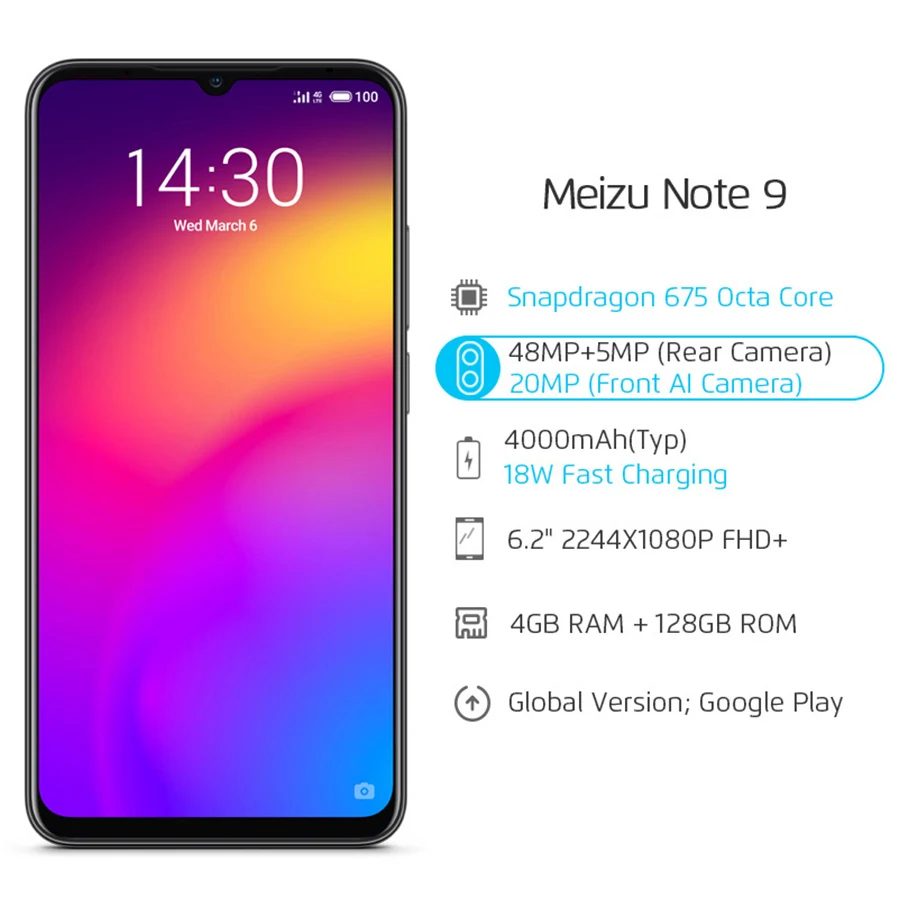 Глобальная версия Meizu Note 9 4GB 128GB мобильный телефон Snapdragon 675 Восьмиядерный 48MP