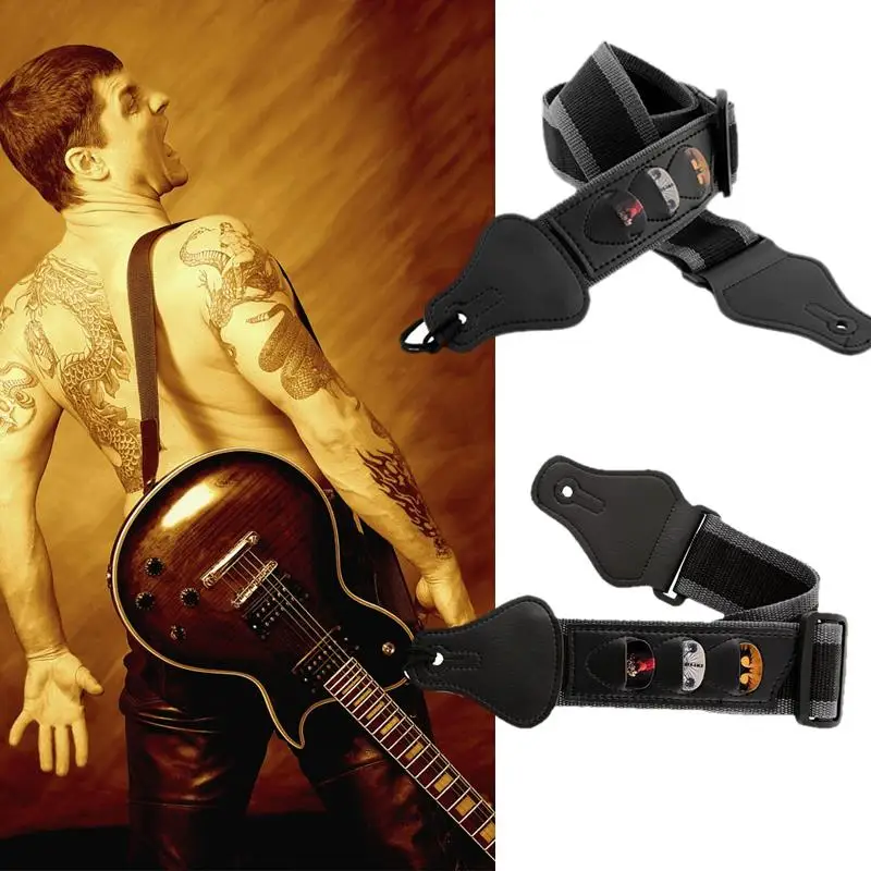 

Acoustic Bass Guitar Strap W/3 Pick Holders Leather Ends Black Useful