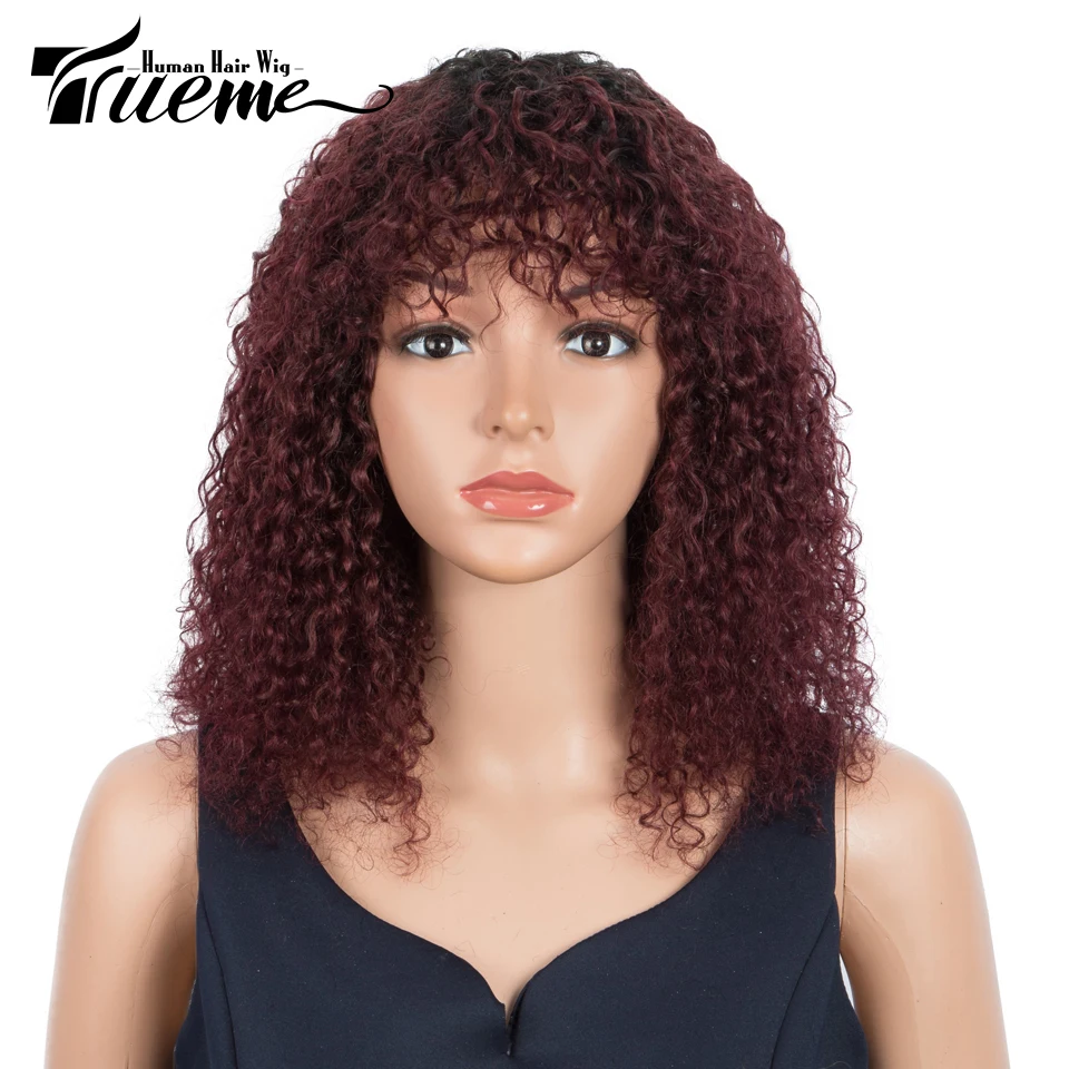 

Trueme Kinky Curly Wig With Bangs Remy Human Hair Bob Wigs For Women Fashion Jerry Curly Full Wig Ombre 99J Brown Blonde Color