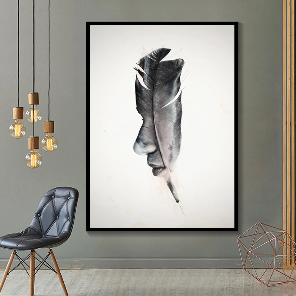

Nordic Creative Black White Feather Man Face Canvas Art Set Wall Pictrues For Living Room Decorative Picture Posters And Prints