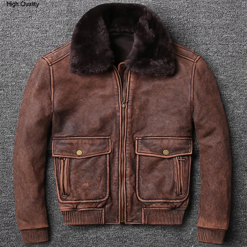 air force winter flight jacket fur collar vintage cow leather men brown pilot coat men's bomber |