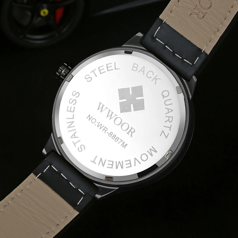 

WWOOR Top Brand 2021 Black Leather Mens Watch Fashion Sport Cool Skull Male Quartz Watch Waterproof Wristwatch Relogio Masculino