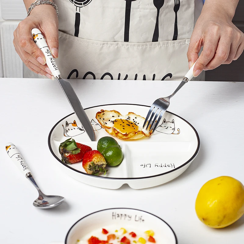 

Portable Cute Dinnerware Set Cartoon Creative Children Ceramic Handle Dinnerware Set Nordic Style Cubiertos Kitchen Stuff DI50DC