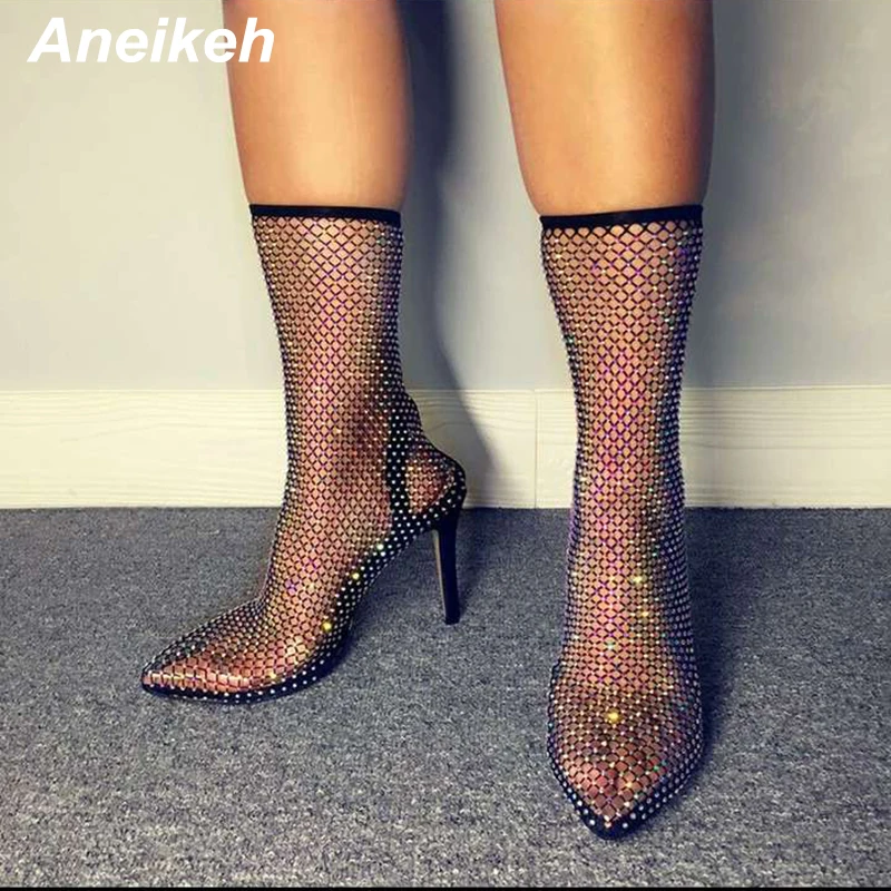Женские босоножки с острым носком Aneikeh летние блестящие сетчатые ботильоны на