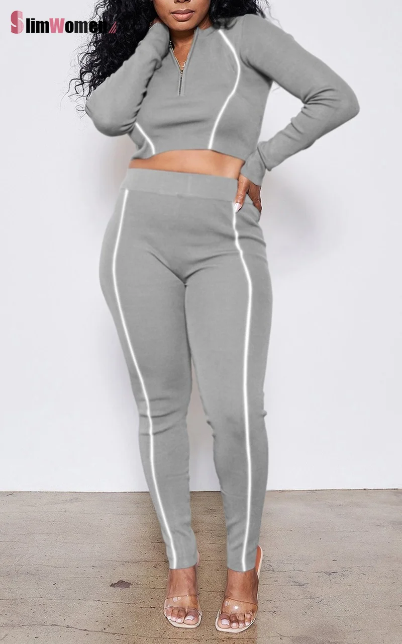 Осенний Женский комплект 2 шт. спортивный костюм со светоотражающими полосками