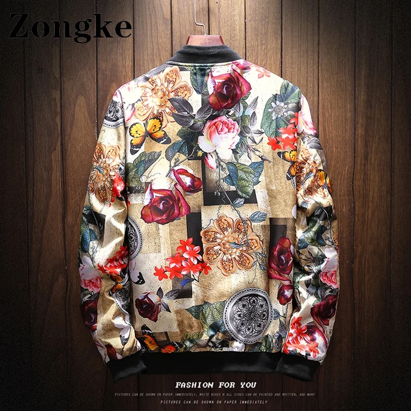 Куртка Zongke с цветочным принтом для мужчин стильные пальто японские Бомберы
