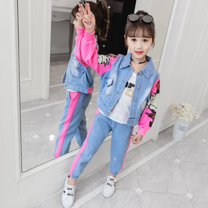 Одежда для девочек детская модная джинсовая куртка + джинсы наряды Детский бутик