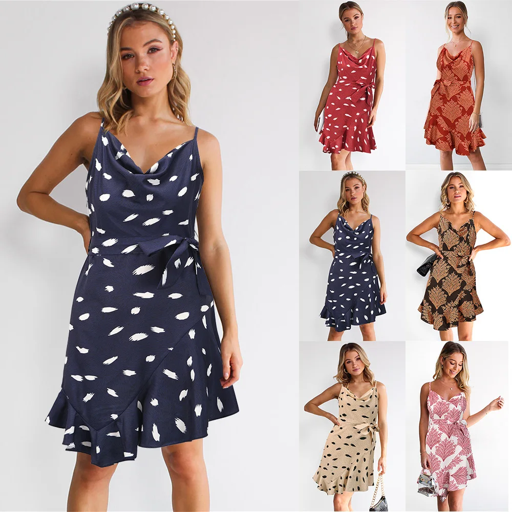 

Yg brand summer new fashion print backless suspender skirt, daily irregular dress