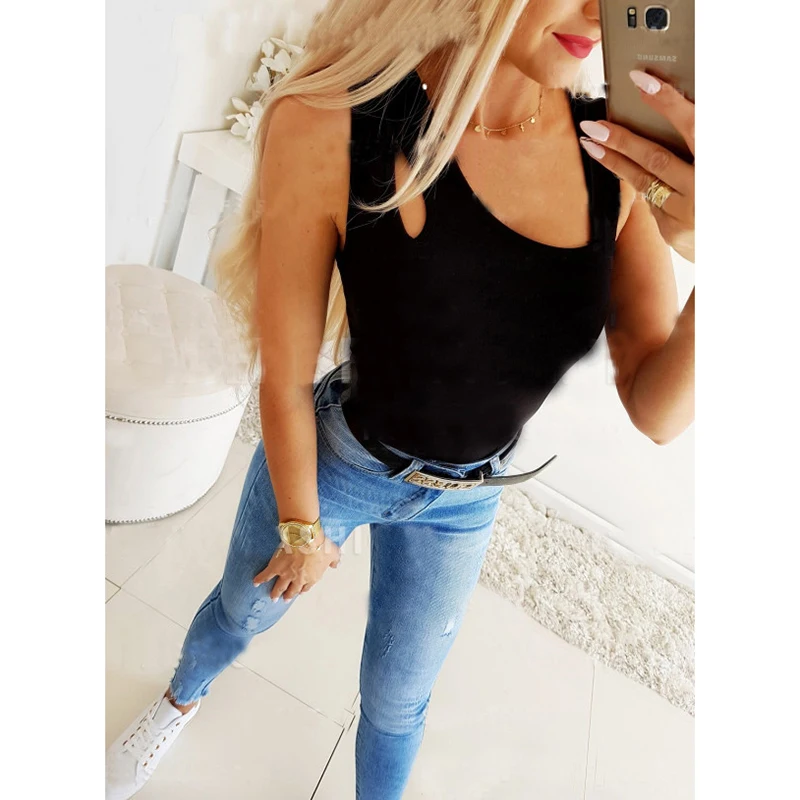 Женская майка с вырезами на груди повседневная однотонная облегающая футболка