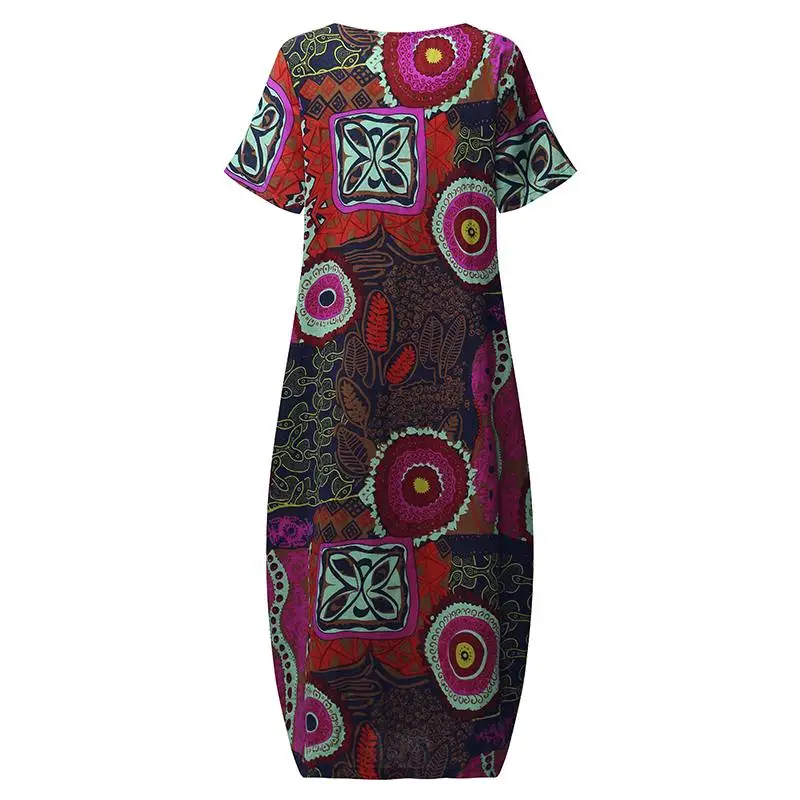 M-5XL2019 YOINS Новое Женское платье с круглым вырезом и цветочным принтом с коротким рукавом из хлопка и льна Повседневное Платье До Колена мешковатое Платье-туника размера плюс