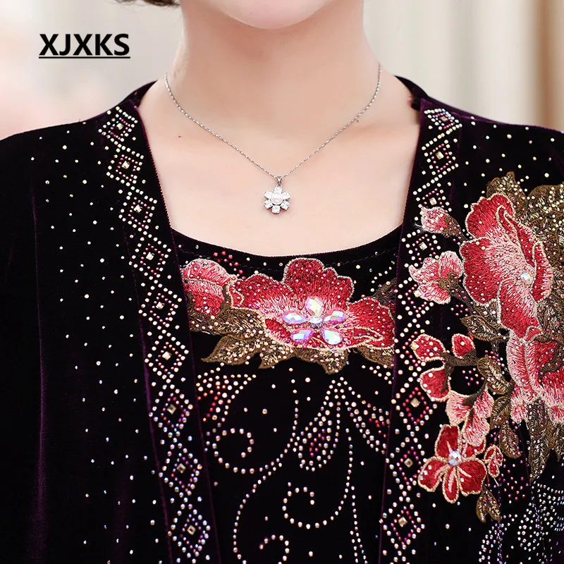 XJXKS Fashion diamond embroidered exquisite women fake two-piece 2019 autumn winter new loose plus size tops | Женская одежда