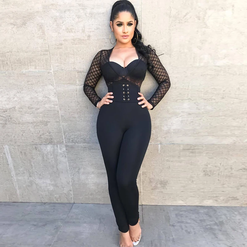 

Sexy Club Mesh Jumpsuit Party Birthday Clubwear Long Sleeve Overalls Women Nude Body Hollow Out Transparent See Through Romper