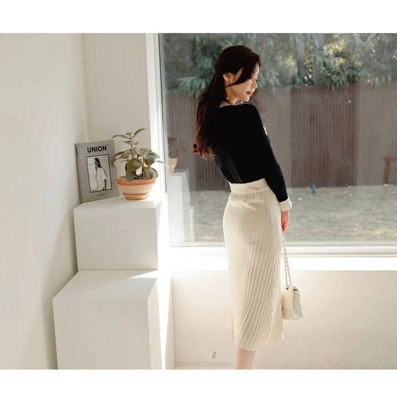 

Women's Fashionable Matching Sets Patchwork O-Neck Single Breasted Slim Fit Cardigan High Waist Pit Pattern Medium Long Skirt