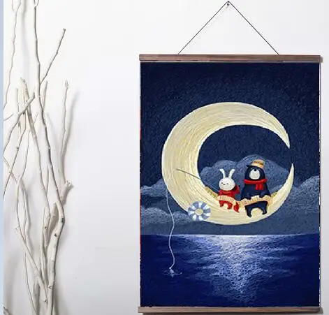 

Child Painting Art Moon Bunny and Bear Cartoon Art Canvas Print poster decoration painting with solid wood hanging scroll