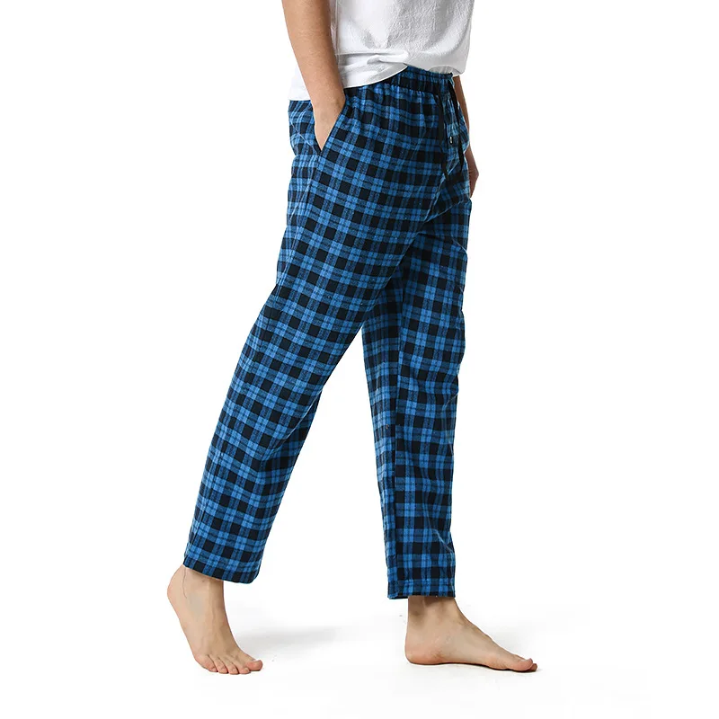 Blue Plaid Mens Pajama Bottom Pants Sleepwear Lounging Relaxed House PJs Pants Men Casual Drawstring Button Fly Pyjama Homme 3XL