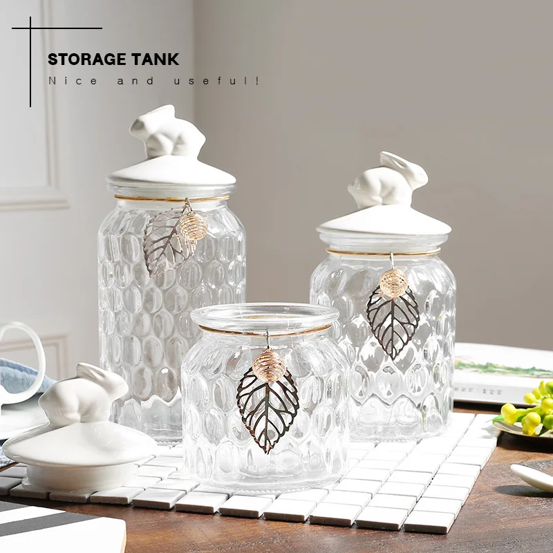 

Nordic Clear Crystal Storage Tank Candy Jar Tea Pot Snack Cans Cover Transparent Glass Sauce Bottle Home Kitchen Decoration S-L
